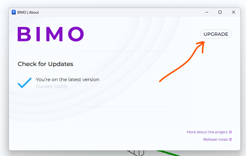 Кнопка UPGRADE в окне About BIMO